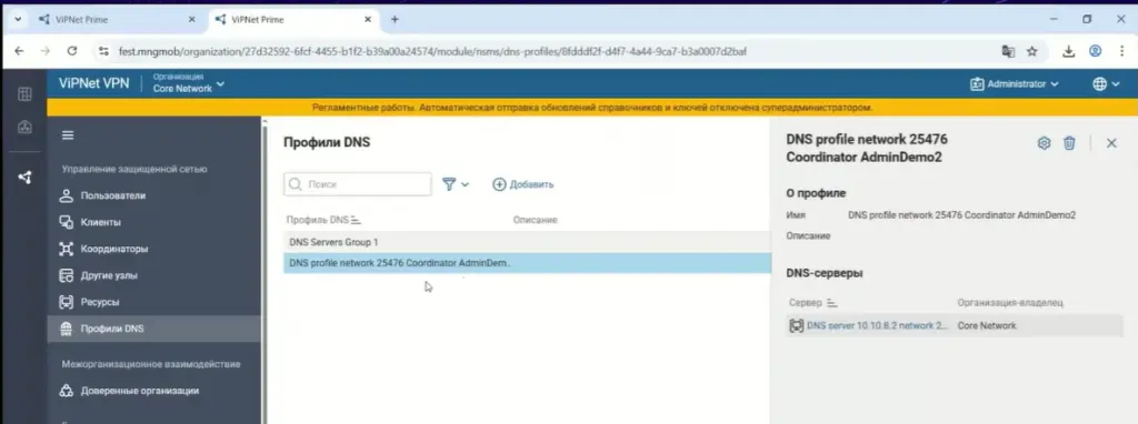 Просмотр содержимого второго профиля DNS в ViPNet Prime