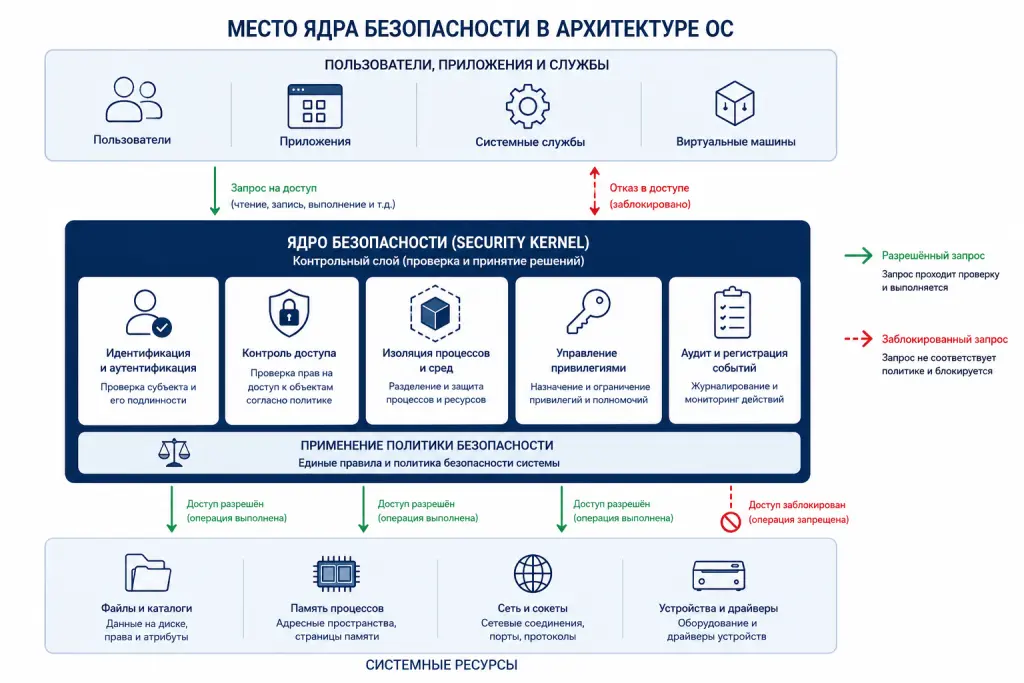 Схема операционной системы, где пользователи и приложения обращаются к файлам, памяти, сети и устройствам через механизмы ядра безопасности.