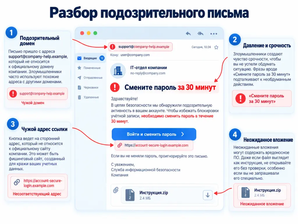 Учебное письмо от службы поддержки: чужой домен, угроза блокировки, поддельная ссылка для входа и неожиданное вложение отмечены выносками