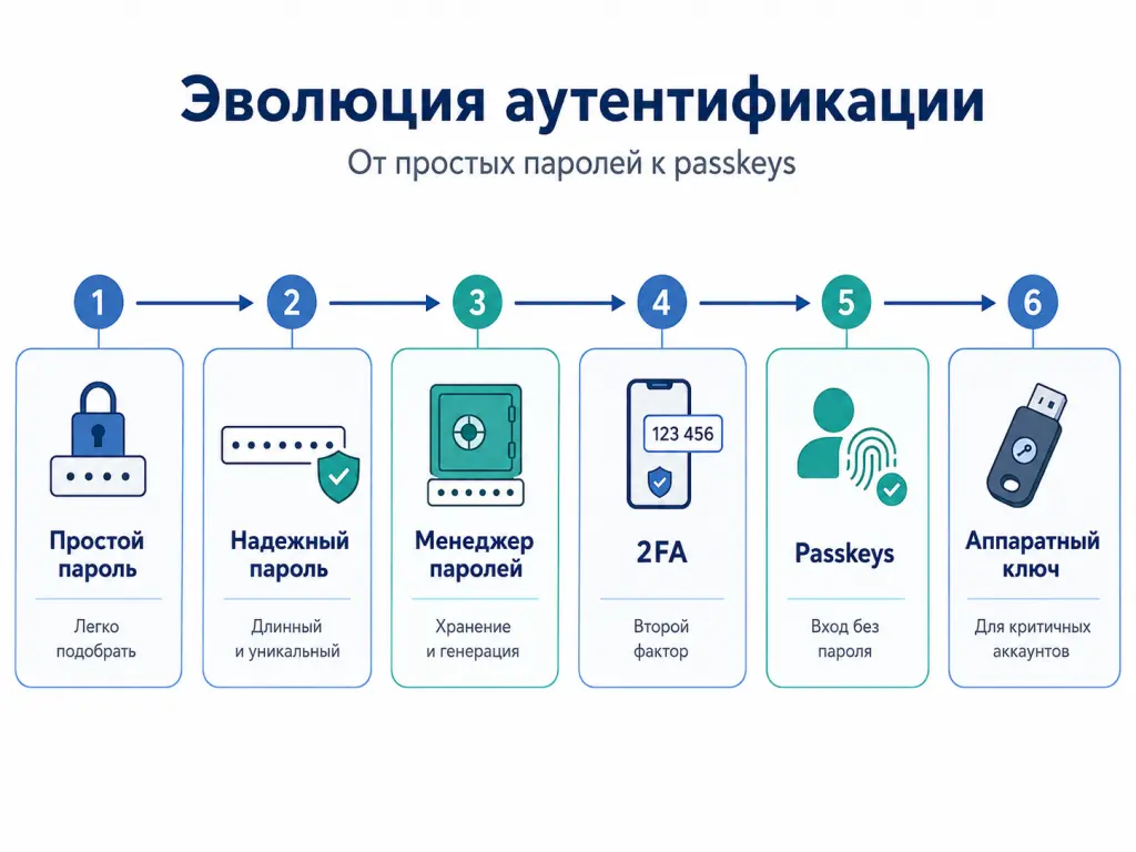 Линейная инфографика: простой пароль, сложный пароль, менеджер паролей, 2FA, passkeys и аппаратные ключи Линейная инфографика: простой пароль, сложный пароль, менеджер паролей, 2FA, passkeys и аппаратные ключи