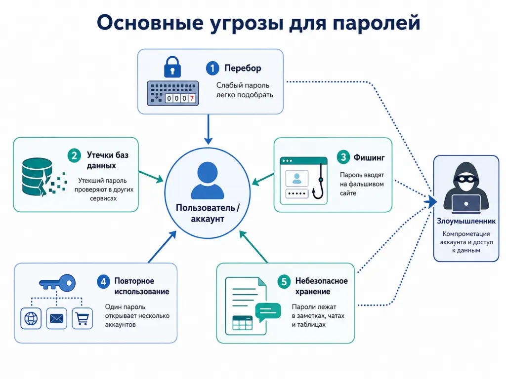 Инфографика с пользователем в центре и пятью направлениями угроз: перебор, утечки баз, фишинг, повторное использование пароля и небезопасное хранение Инфографика с пользователем в центре и пятью направлениями угроз: перебор, утечки баз, фишинг, повторное использование пароля и небезопасное хранение