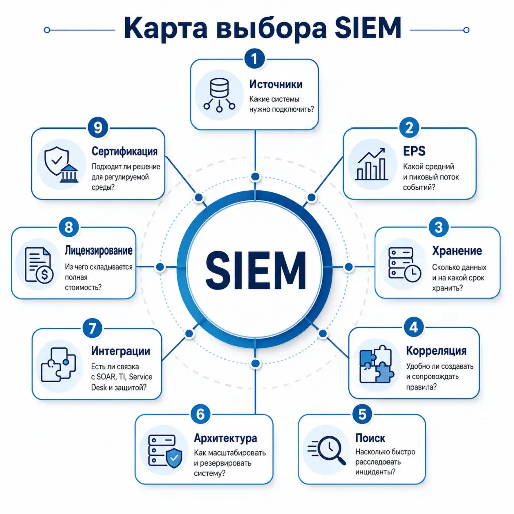 Как выбрать SIEM Инфографика с ключевыми критериями выбора SIEM: источники, EPS, хранение, правила, поиск, архитектура, интеграции, лицензирование и сертификация