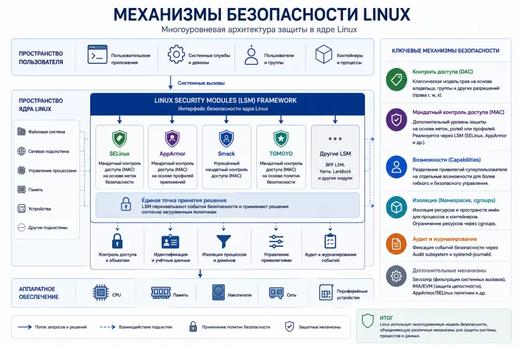 Архитектурная схема Linux с базовыми правами, ACL, capabilities, LSM, seccomp, namespaces, cgroups и подсистемой аудита.