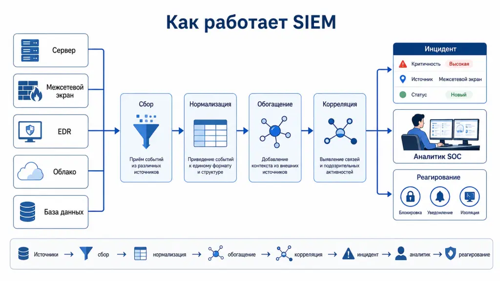 Как работает SIEM Схема движения событий от серверов, сетевого оборудования и средств защиты через сбор, нормализацию, обогащение и корреляцию к инциденту, аналитику и реагированию