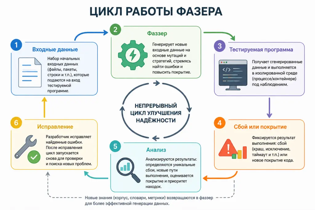 схема показывает этапы фаззинга: генерация входных данных, запуск программы, наблюдение за сбоями, сохранение тестового случая, анализ причины и исправление кода.