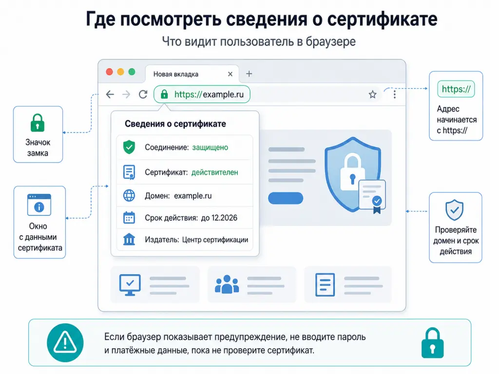 Схема интерфейса браузера: адресная строка с https://, значок замка, окно сведений о сертификате, доменное имя и срок действия Схема интерфейса браузера: адресная строка с https://, значок замка, окно сведений о сертификате, доменное имя и срок действия