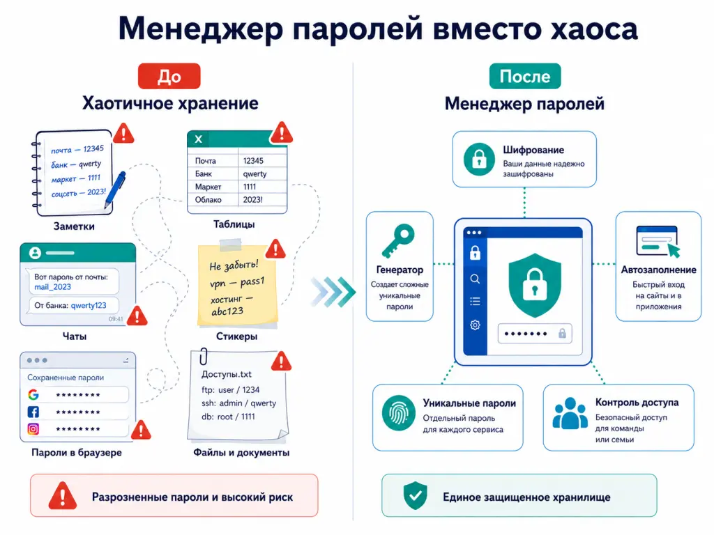 Сравнительная схема: слева пароли в заметках, таблицах и чатах, справа менеджер паролей с шифрованием, генератором и автозаполнением Сравнительная схема: слева пароли в заметках, таблицах и чатах, справа менеджер паролей с шифрованием, генератором и автозаполнением
