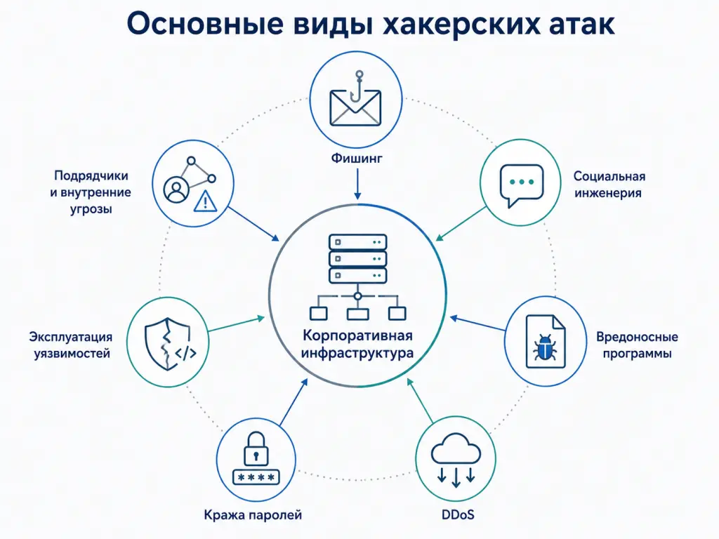 Инфографика с основными каналами хакерской атаки: фишинг, вредоносные программы, DDoS, кража паролей, эксплуатация уязвимостей, подрядчики и внутренние угрозы