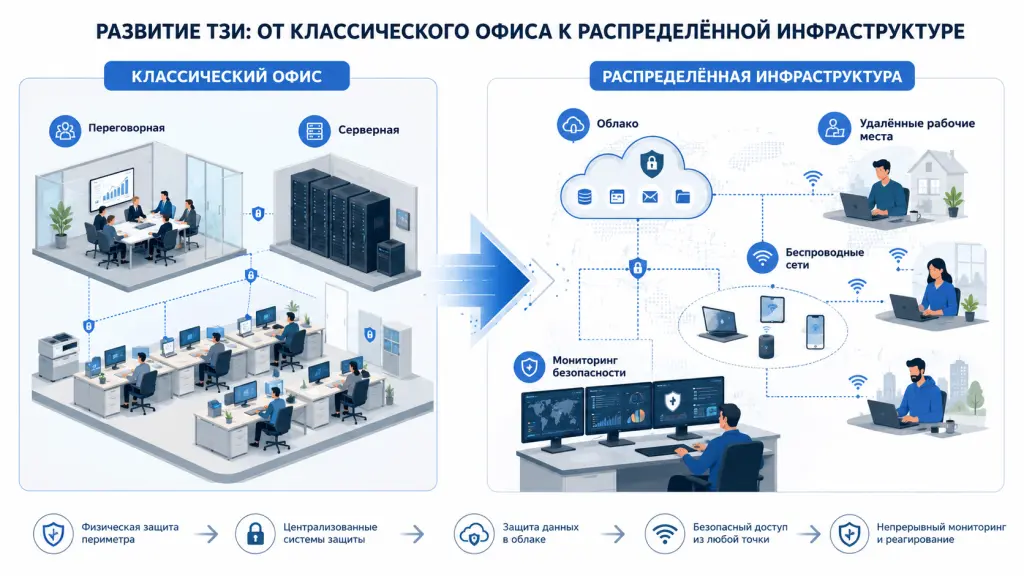 Схема эволюции ТЗИ: защищённый офис, серверная, удалённые сотрудники, облачные сервисы, беспроводные сети и средства мониторинга безопасности