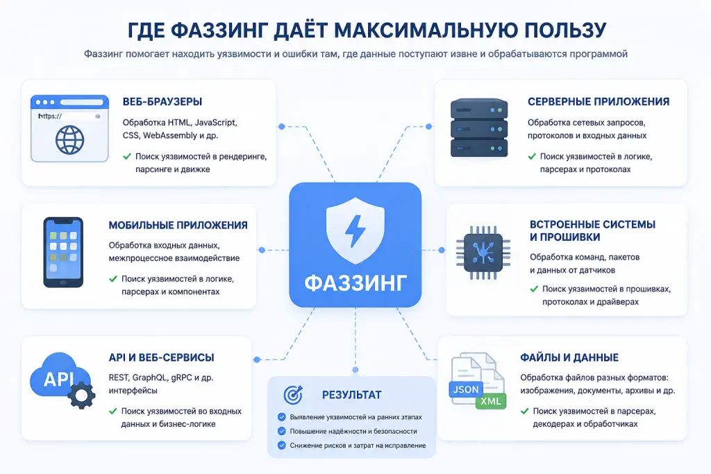 инфографика показывает области применения фаззинга: операционные системы, браузеры, сетевые протоколы, API, компиляторы, мобильные приложения и embedded-устройства