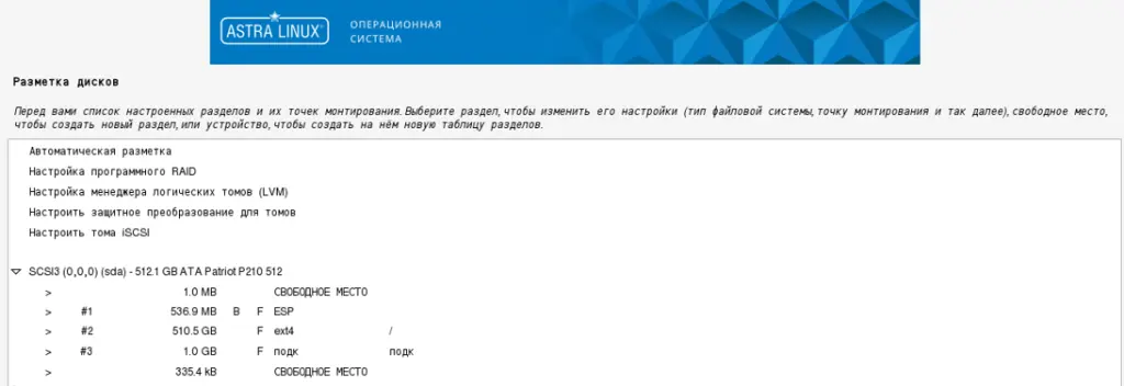 Выбор разметки дисков ОС Astra Linux Special Edition