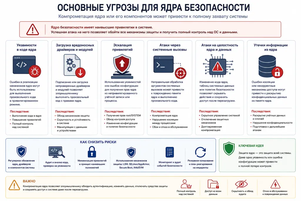 Схема атак на ядро через уязвимый драйвер, ошибку памяти, повышение привилегий, вредоносный модуль и неверную политику.