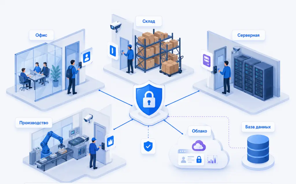 Инфографика показывает офис, склад, серверную, облачные сервисы, базу данных и производственную зону как области применения Access Control