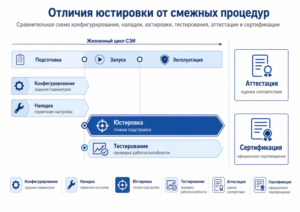 Сравнительная схема конфигурирования, наладки, юстировки, тестирования, аттестации и сертификации