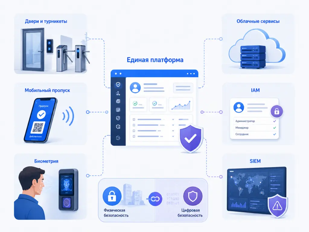 Архитектурная схема показывает единую платформу Access Control, которая объединяет офисные двери, мобильные пропуска, биометрию, облачные сервисы, IAM и SIEM