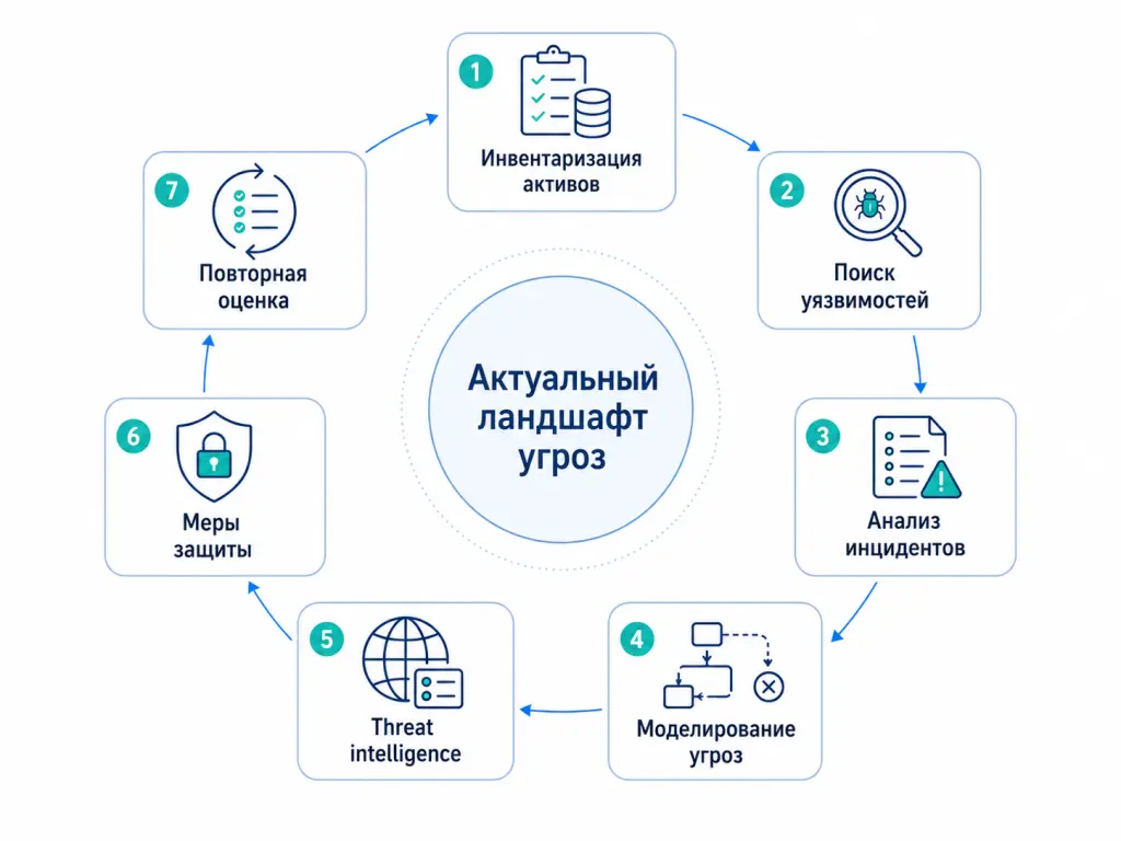 круговая схема: инвентаризация активов, поиск уязвимостей, анализ инцидентов, моделирование угроз, мониторинг threat intelligence, внедрение мер защиты и повторная оценка.