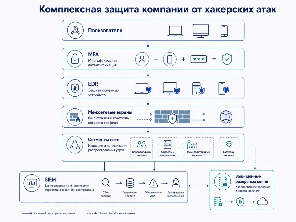 Многоуровневая архитектура защиты компании: сотрудники, управление доступом, конечные устройства, сеть, мониторинг, резервное копирование и реагирование