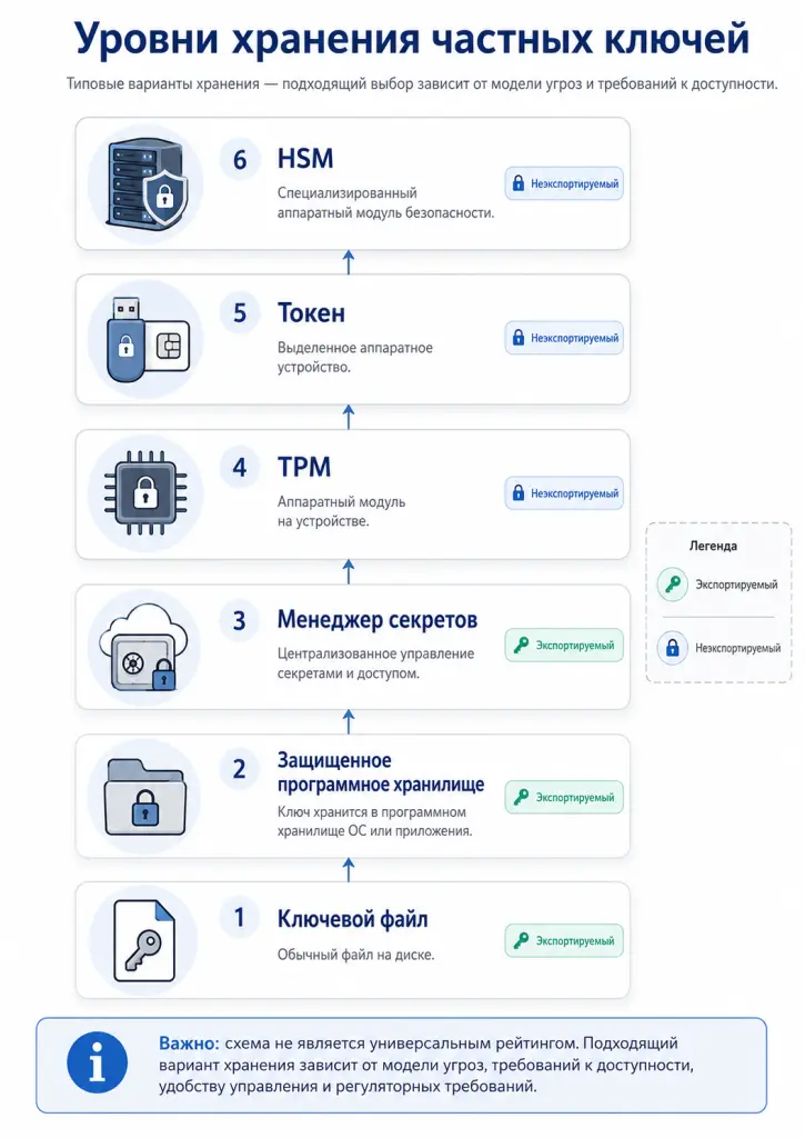 Многоуровневая схема вариантов хранения частных ключей: файл, программное хранилище, менеджер секретов, TPM, токен и HSM
