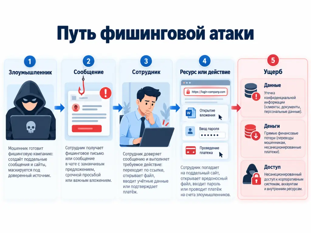 Путь атаки: злоумышленник отправляет поддельное письмо, сотрудник открывает ссылку или файл, а опасное действие создает риск кражи данных, денег или доступа