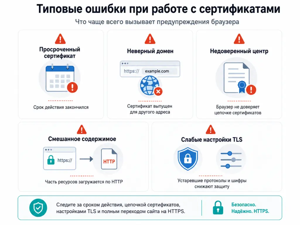 Инфографика с типовыми ошибками: просроченный сертификат, неверный домен, недоверенный центр, смешанное содержимое, слабые настройки TLS инфографика с типовыми ошибками: просроченный сертификат, неверный домен, недоверенный центр, смешанное содержимое, слабые настройки TLS