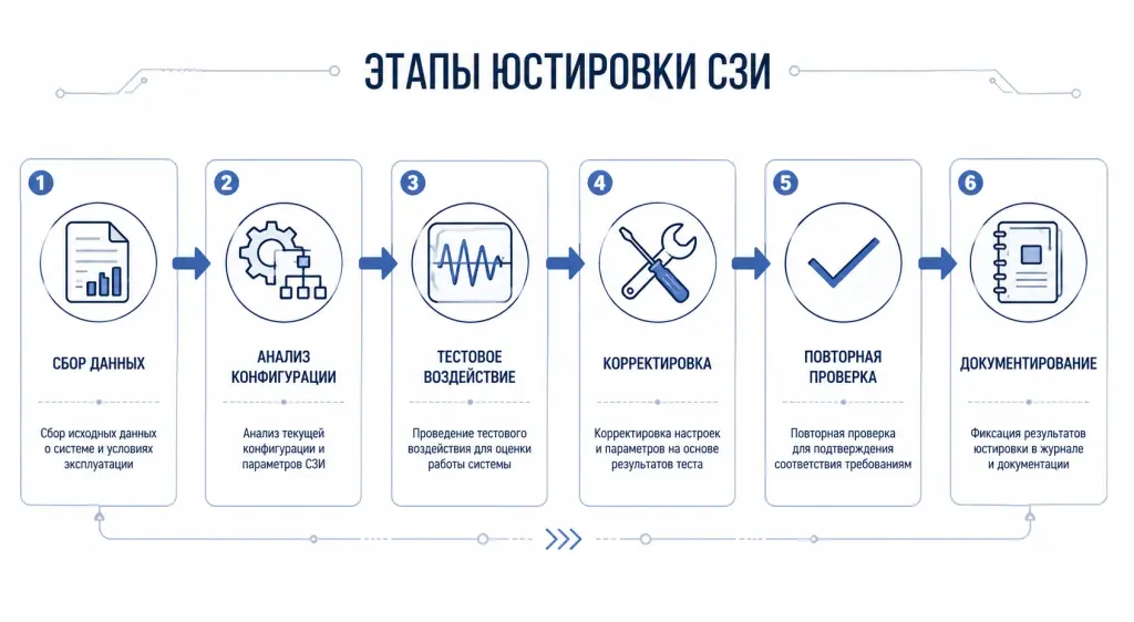 Последовательная схема юстировки: сбор данных, анализ конфигурации, тестовое воздействие, корректировка, повторная проверка и документирование