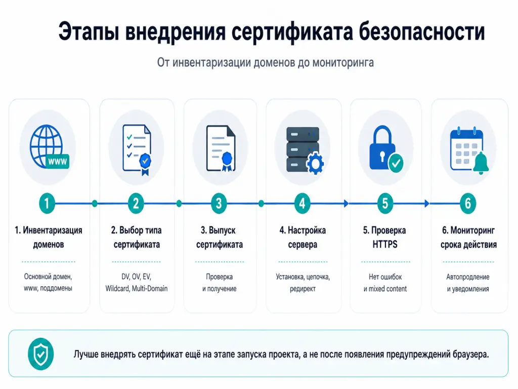 Дорожная карта внедрения сертификата безопасности: инвентаризация доменов, выбор типа сертификата, выпуск, настройка сервера, проверка HTTPS, мониторинг срока действия Дорожная карта внедрения сертификата безопасности: инвентаризация доменов, выбор типа сертификата, выпуск, настройка сервера, проверка HTTPS, мониторинг срока действия