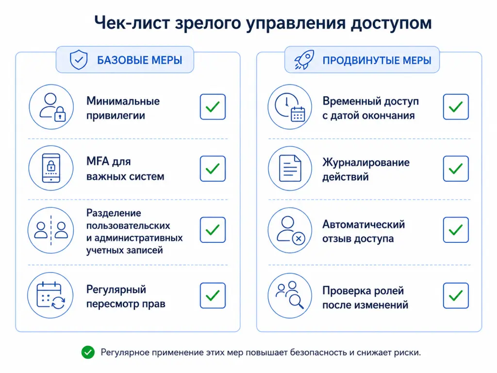 Инфографика с ключевыми практиками: минимальные привилегии, MFA, аудит, временный доступ, отзыв прав и журналирование