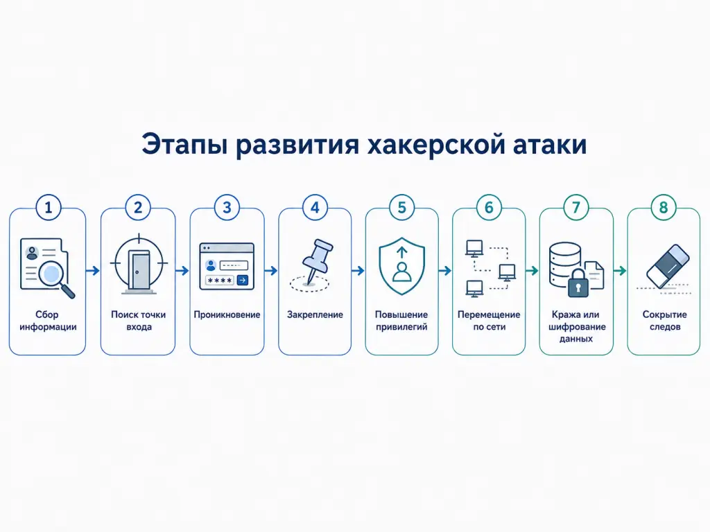 Последовательная схема хакерской атаки от сбора информации и проникновения до кражи данных, шифрования систем и сокрытия следов