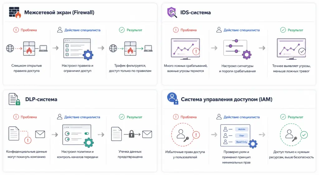 Четыре карточки с примерами настройки межсетевого экрана, IDS, DLP-системы и системы управления доступом