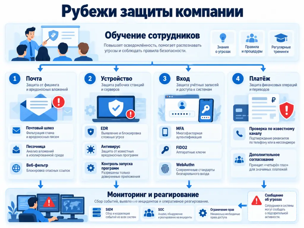Почта, устройство, учетная запись и платеж защищены разными мерами; события поступают в центр мониторинга, а сотрудники сообщают об угрозах