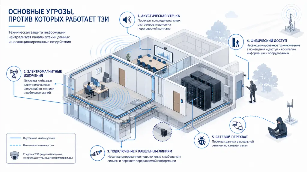 Схема с офисом, серверной, переговорной комнатой, кабельными линиями и внешним злоумышленником, который пытается перехватить данные через звук, электромагнитные излучения, сеть и физический доступ