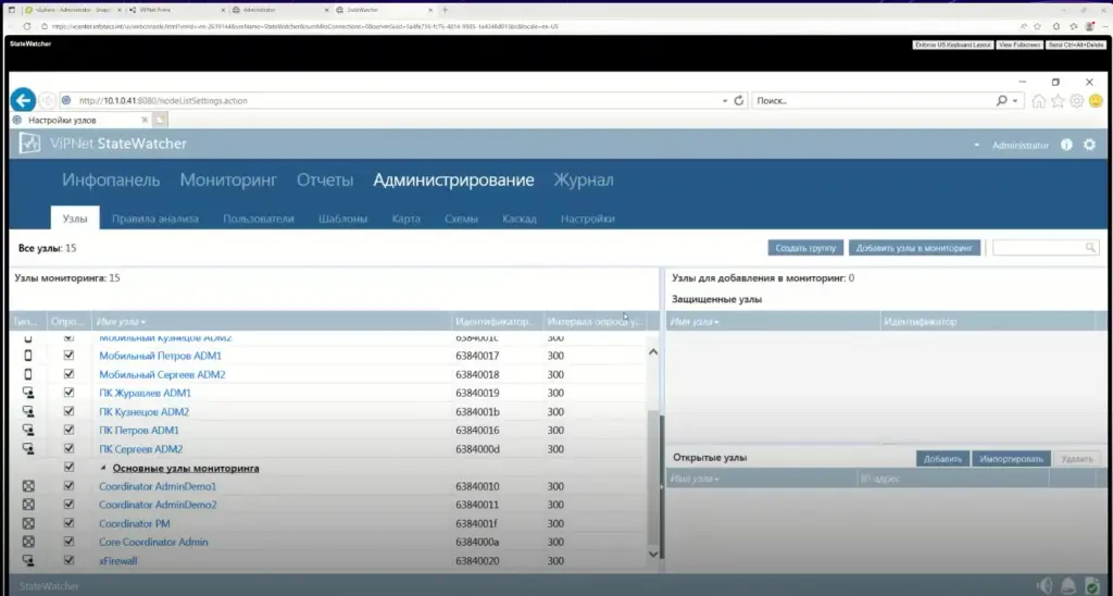 Узлы мониторинга в интерфейсе ViPNet StateWatcher