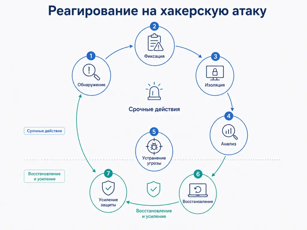 Схема реагирования на инцидент: обнаружение, фиксация, изоляция, анализ, устранение угрозы, восстановление и усиление защиты