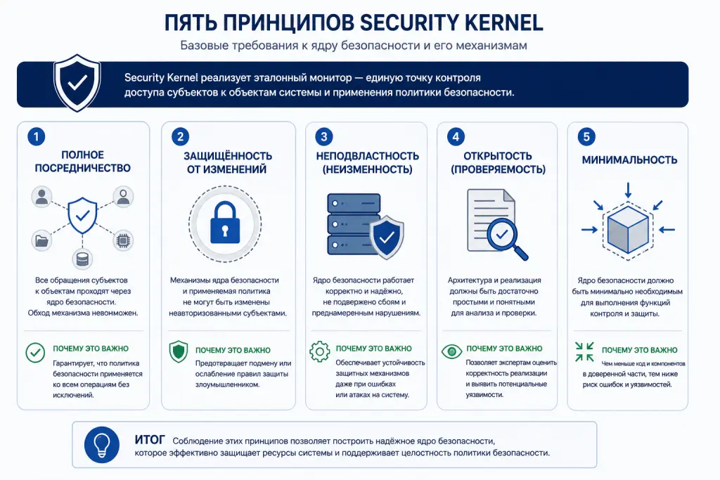 Инфографика с пятью принципами ядра безопасности: минимальность, полное посредничество, защита от изменений, проверяемость и наименьшие привилегии.