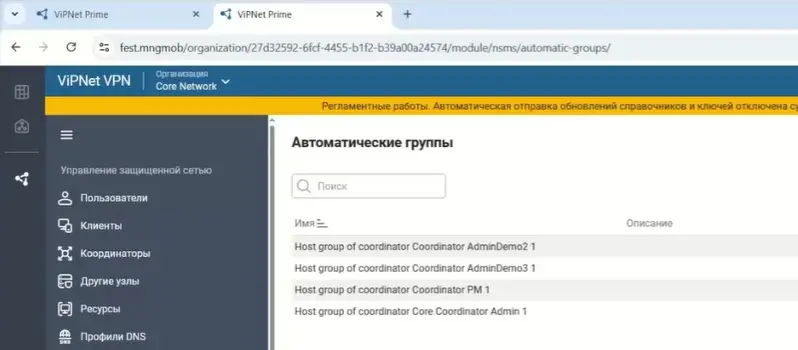 Список автоматических групп узлов в интерфейсе ViPNet Prime