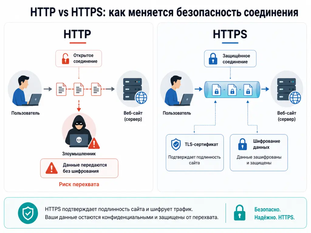 Сравнительная схема: слева пользователь передаёт данные на сайт без защиты по HTTP, справа данные идут по HTTPS через зашифрованный канал с замком и сертификатом Сравнительная схема: слева пользователь передаёт данные на сайт без защиты по HTTP, справа данные идут по HTTPS через зашифрованный канал с замком и сертификатом