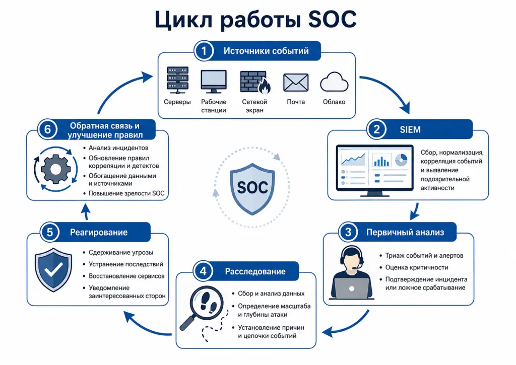 Схема движения события от источников данных через SIEM и аналитиков к расследованию, реагированию и улучшению правил обнаружения Схема движения события от источников данных через SIEM и аналитиков к расследованию, реагированию и улучшению правил обнаружения