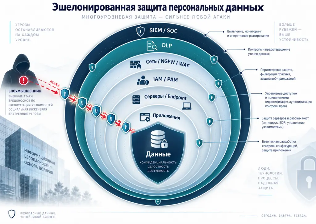 Эшелонированная защита персональных данных Схема Defense in Depth: пользователь, MFA и IAM, Endpoint Security, сеть и NGFW, приложения и WAF, серверы и базы данных, DLP, SIEM и SOC образуют последовательные слои защиты персональных данных