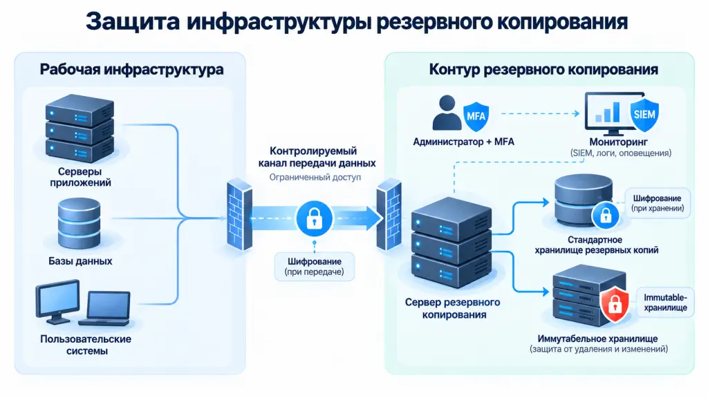 Защита инфраструктуры резервного копирования Архитектурная схема защиты резервного копирования: рабочая сеть отделена от инфраструктуры резервного копирования, доступ администраторов проходит через MFA, данные защищаются при передаче и сохраняются в обычном и immutable-хранилище.