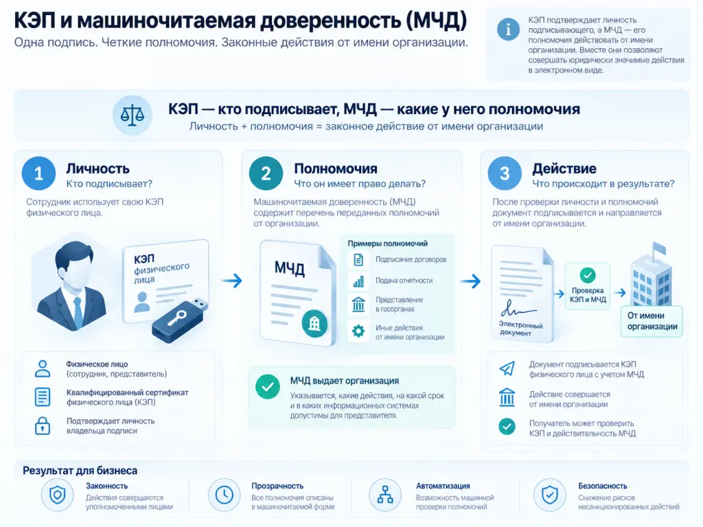 КЭП и МЧД Схема связи КЭП физического лица и машиночитаемой доверенности: КЭП связывает подпись с владельцем сертификата, МЧД подтверждает полномочия представителя, после чего система разрешает выполнение действия от имени организации.
