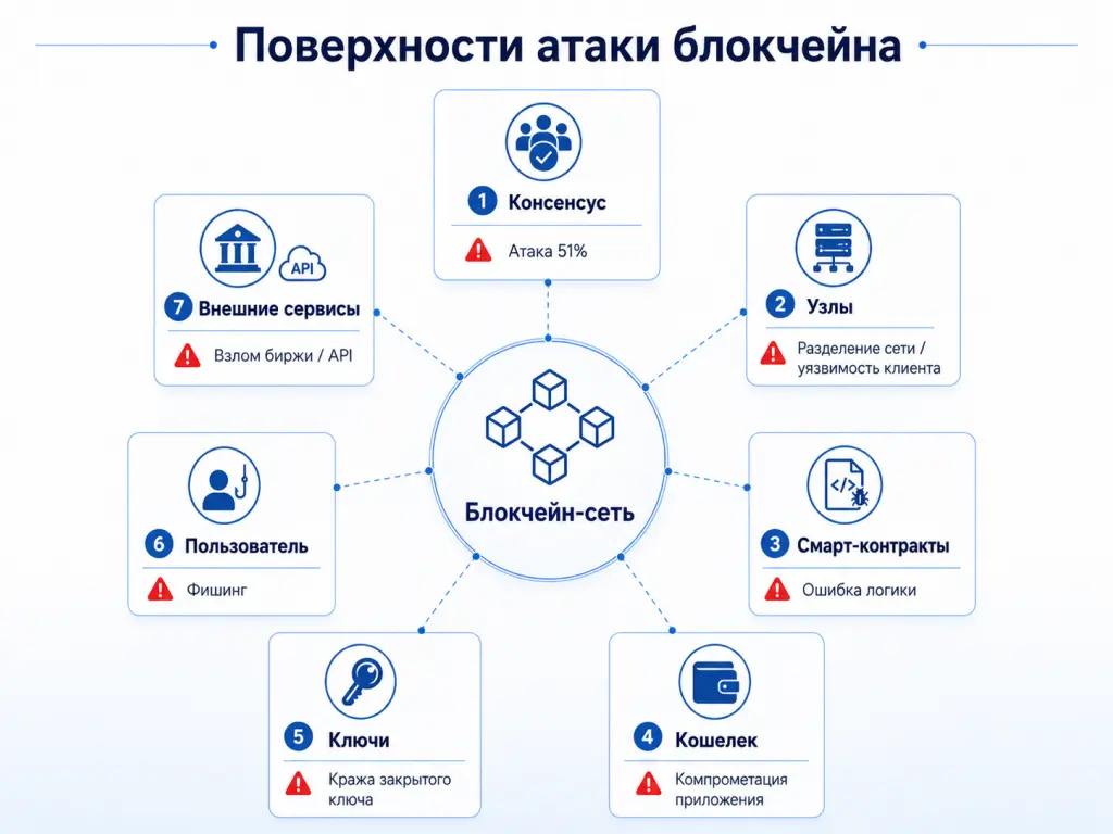 Модель угроз блокчейн-системы с узлами сети, консенсусом, смарт-контрактом, кошельком, закрытыми ключами, пользователем и внешними сервисами Модель угроз блокчейн-системы с узлами сети, консенсусом, смарт-контрактом, кошельком, закрытыми ключами, пользователем и внешними сервисами