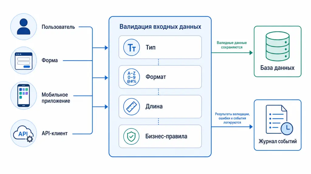 Пользователь отправляет данные через форму, API или файл. Данные проходят клиентскую проверку, серверную валидацию, бизнес-правила и только потом попадают в базу данных.