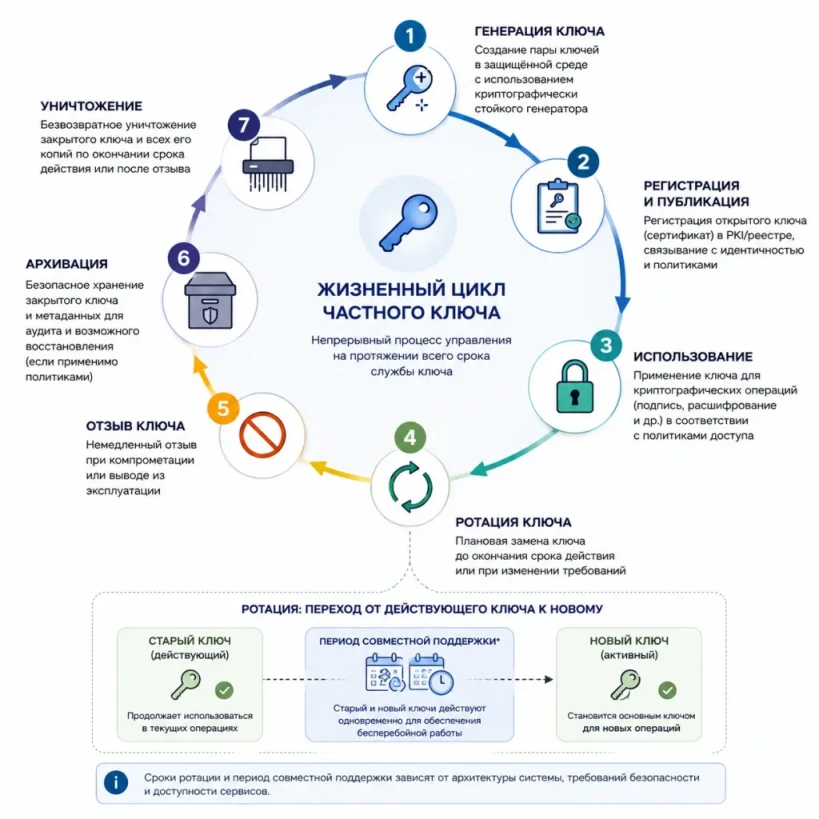 Круговая схема жизненного цикла частного ключа от генерации и регистрации до использования, ротации, отзыва и уничтожения