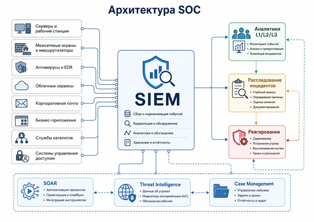Архитектурная схема SOC с источниками событий, SIEM, SOAR, EDR, NDR, Threat Intelligence, системой инцидентов и командой аналитиков Архитектурная схема SOC с источниками событий, SIEM, SOAR, EDR, NDR, Threat Intelligence, системой инцидентов и командой аналитиков