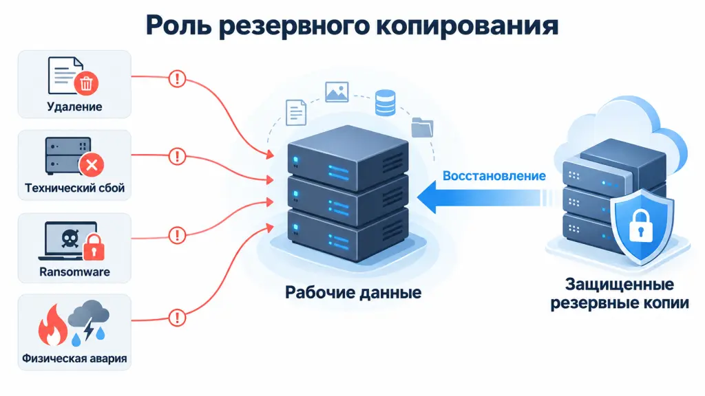 Роль резервного копирования Схема: рабочие данные находятся в центре, вокруг показаны основные причины потери информации — ошибка сотрудника, сбой оборудования, кибератака и авария. Отдельная защищенная резервная копия позволяет восстановить данные.