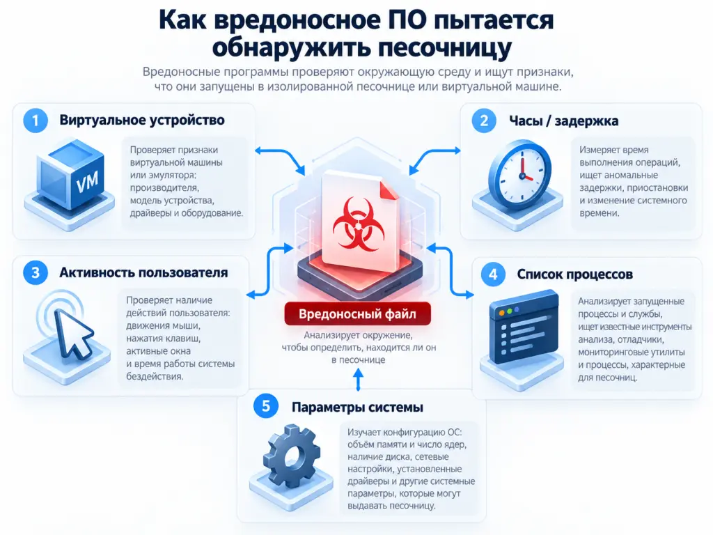 Как вредоносное По обнаруживает песочницу Схема методов обхода песочницы: проверка виртуальных устройств, процессов, активности пользователя, времени работы системы и конфигурации окружения