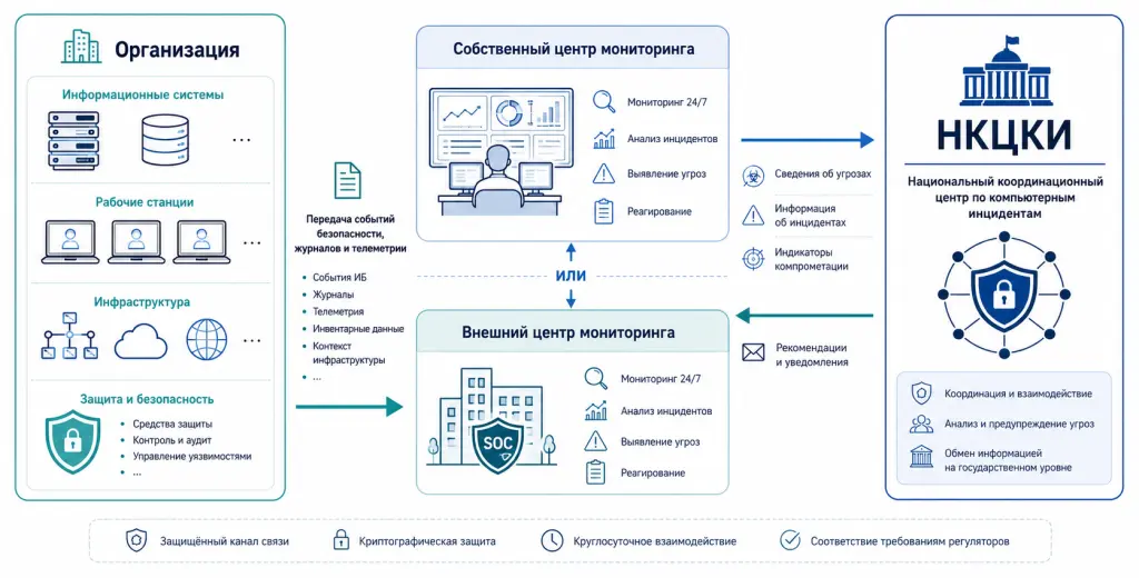 Схема взаимодействия организации, центра мониторинга и НКЦКИ в рамках ГосСОПКА