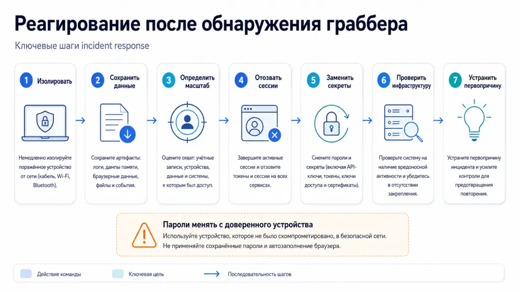 Реагирование после обнаружения граббера Последовательность реагирования на инцидент с граббером: изоляция устройства, сохранение артефактов, оценка утечки, отзыв сессий, смена секретов, поиск других заражённых устройств и устранение первоначального вектора.