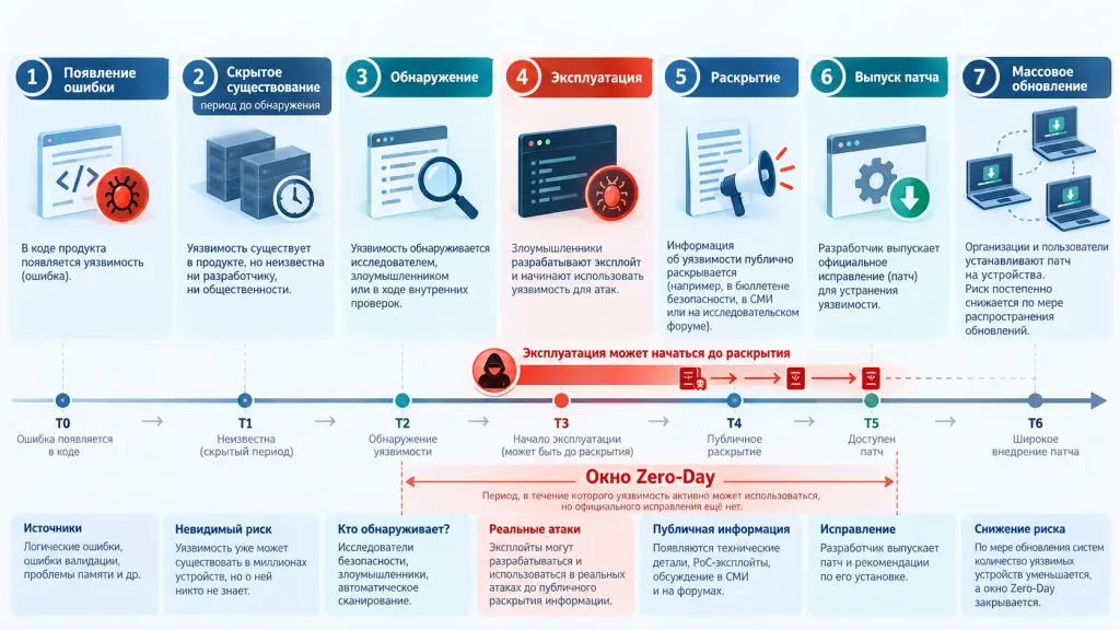 Жизненный цикл уязвимости нулевого дня Схема жизненного цикла Zero-Day от появления ошибки и ее скрытого обнаружения до эксплуатации, раскрытия, выпуска патча и установки обновления в корпоративной инфраструктуре