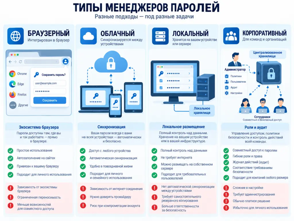 Типы менеджеров Схема четырех типов менеджеров паролей: браузерного, облачного, локального и корпоративного.